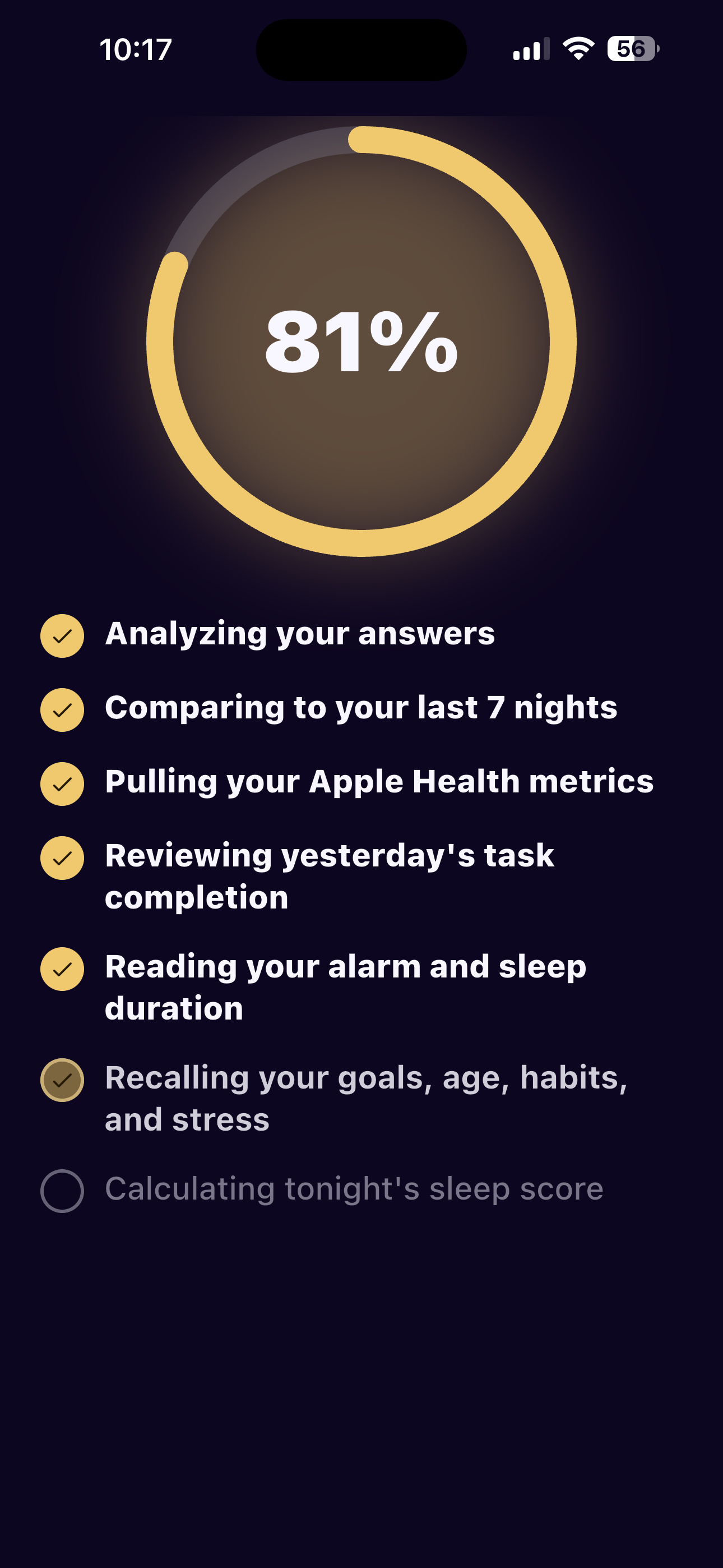 Morning debrief — Morphi scans your answers, your last 7 nights, and your Apple Health metrics to build your score