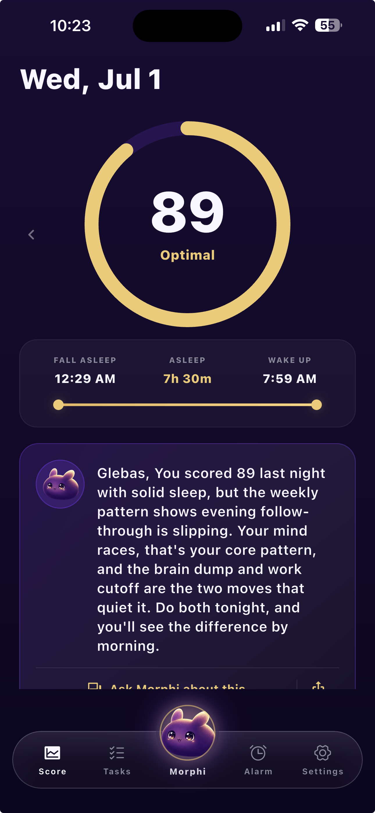 Morphi reads your night and gives a verdict — your sleep score and what it means